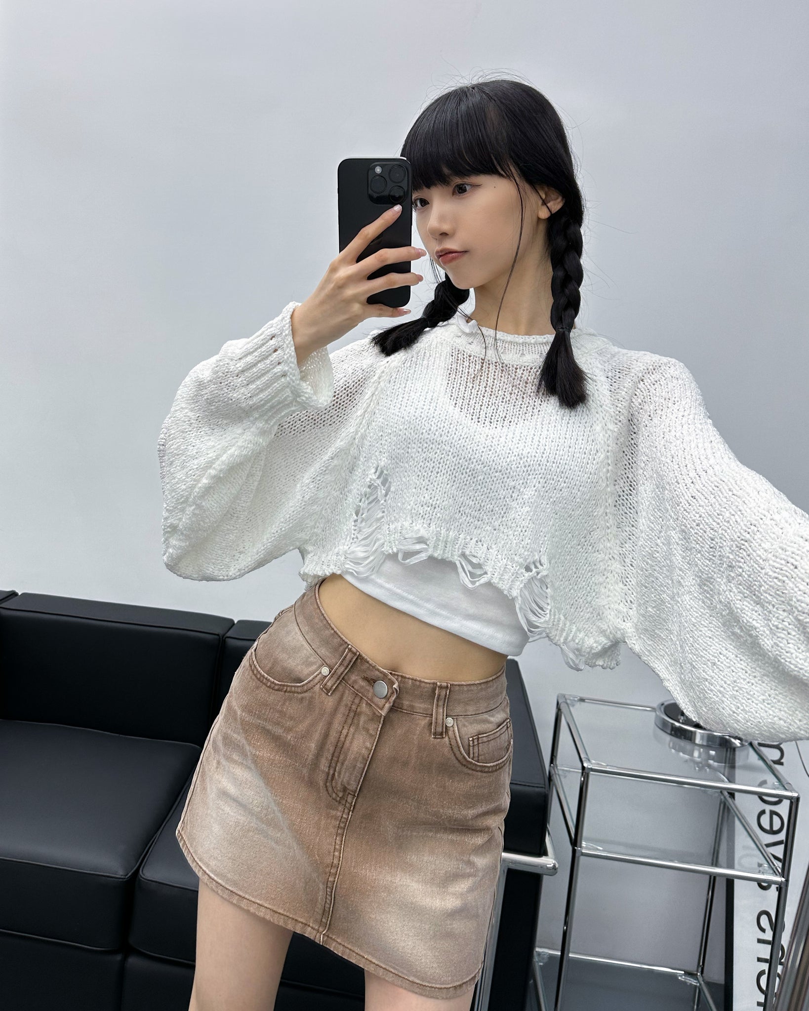 Brown Washed Denim Skirt/ 1色