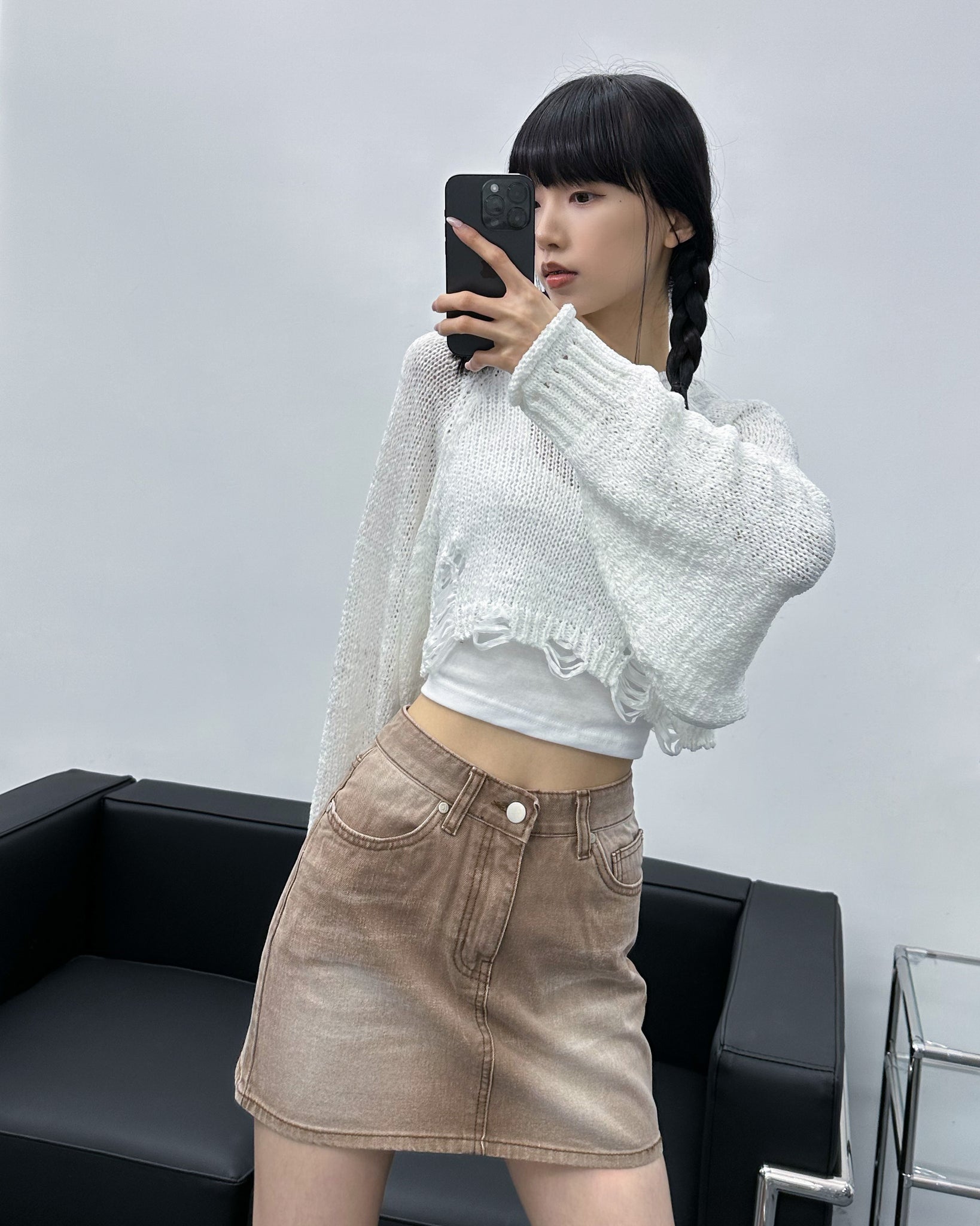 Brown Washed Denim Skirt/ 1色