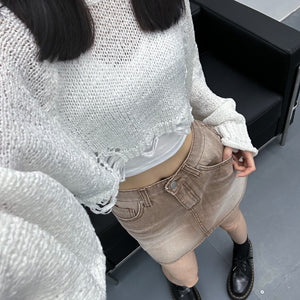 Brown Washed Denim Skirt/ 1色